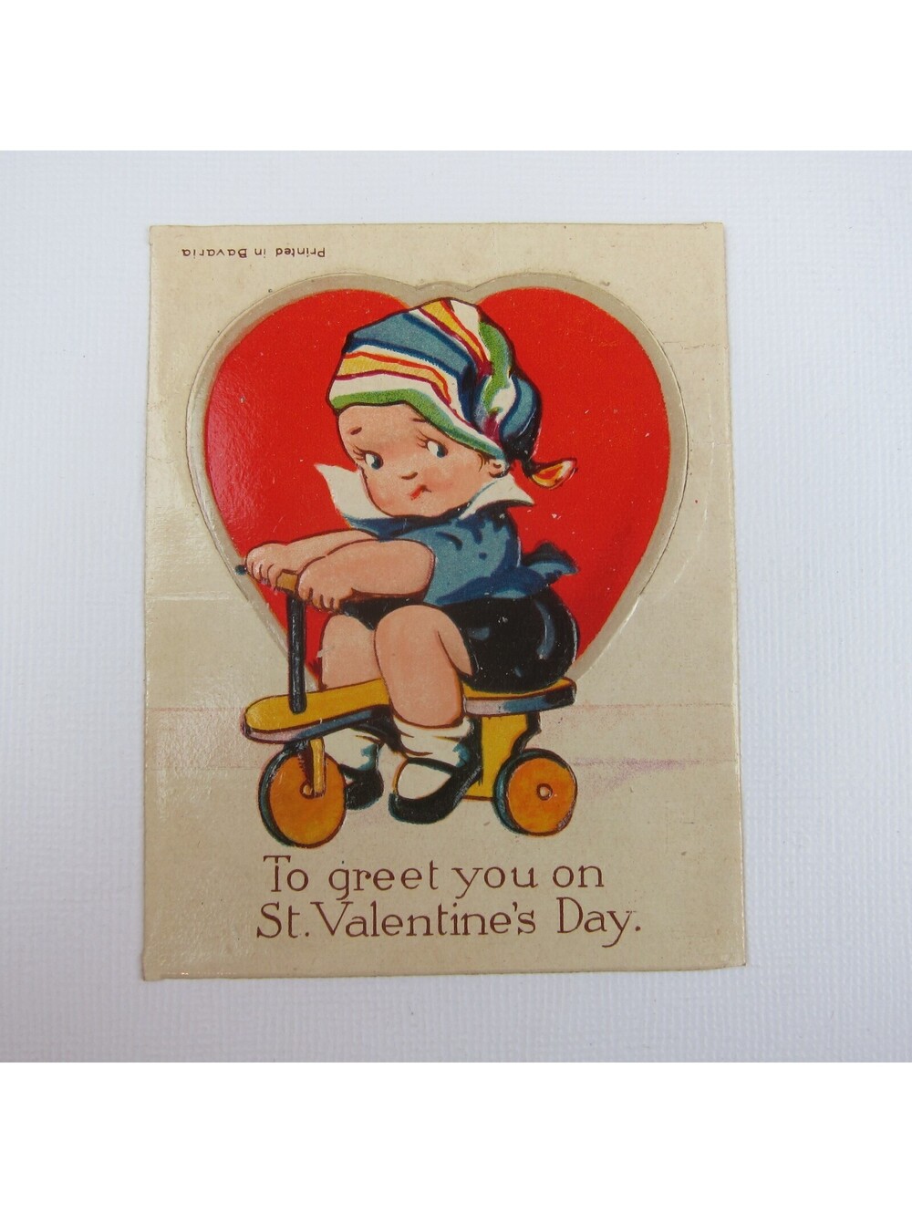 Vintage Valentine Card Cutout Stand Up Boy Cap Riding Tricycle Bavaria UNSIGNED